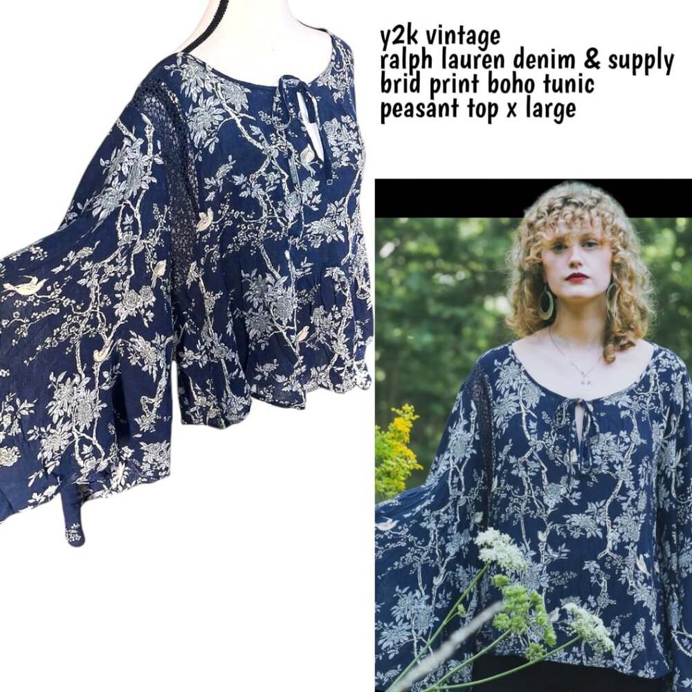 Y2K VTG.‎ RALPH LAUREN BOHO BIRD PRINT BALLOON SLEEVE PEASANT TUNIC TOP XLARGE